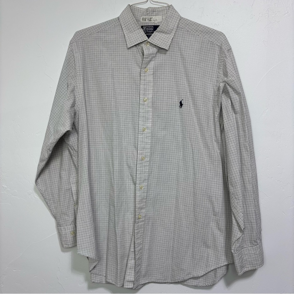 Polo Ralph Lauren Philip Cotton Men's Button Up Dress Shirt 17 34/35 White Plaid